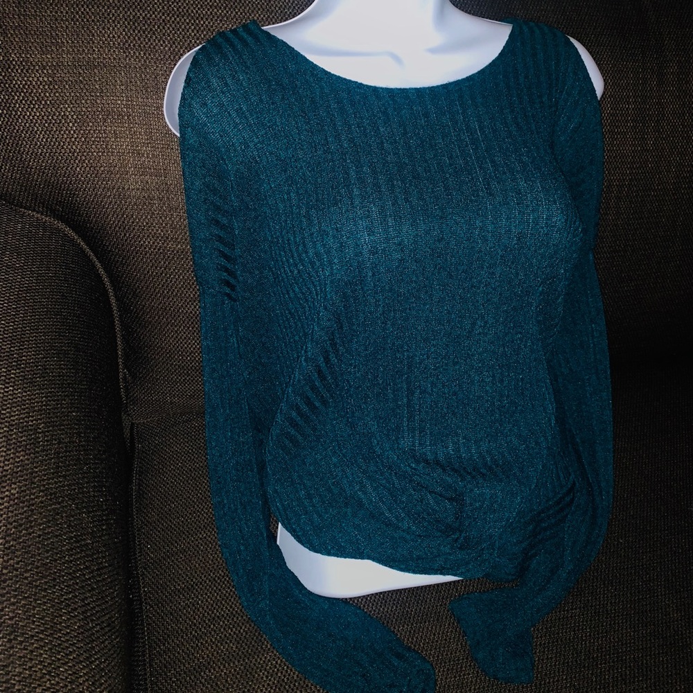 teal green cold shoulder sweater